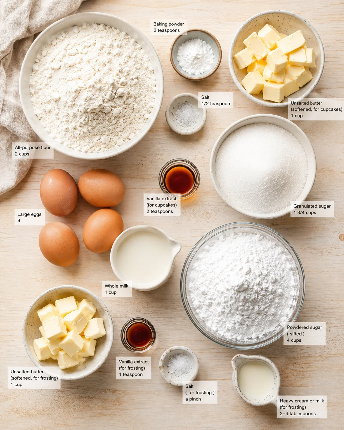 top-down view of cupcake ingredients laid out with labeled amounts on a wooden surface