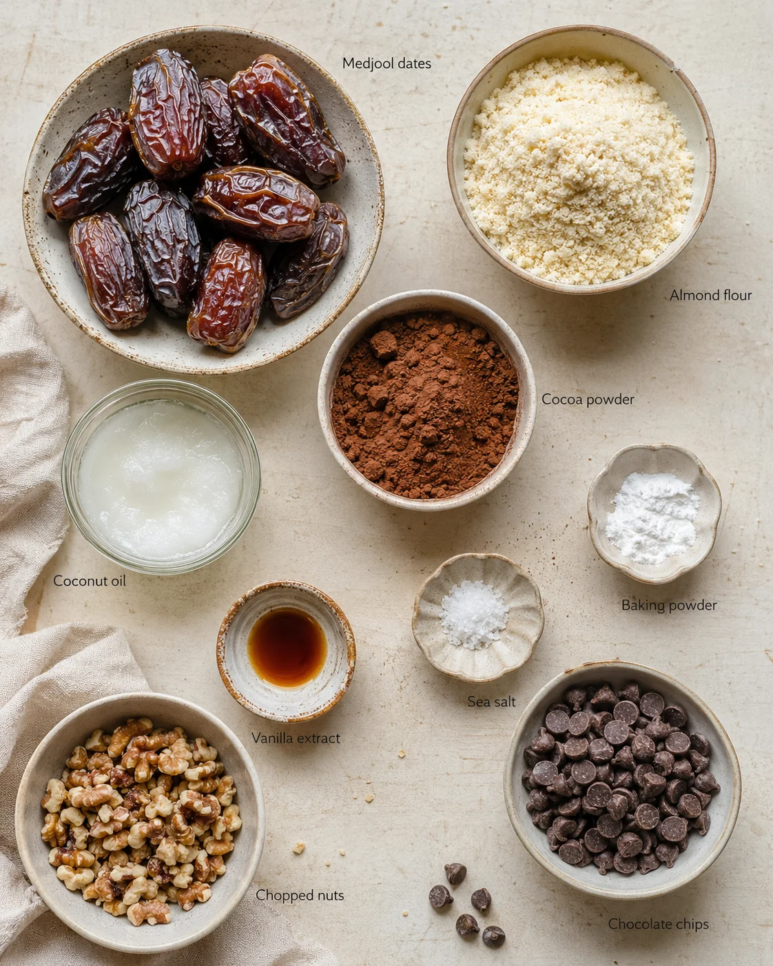 top-down view of baking ingredients: medjool dates, almond flour, cocoa powder, coconut oil, nuts, and chocolate chips.