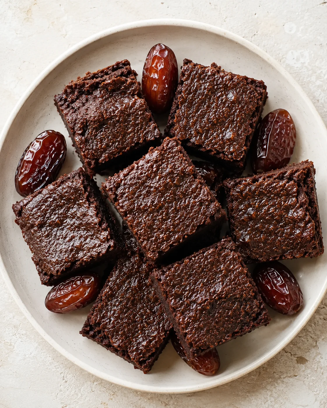 Dense dark chocolate brownies arranged on a light ceramic plate with glossy dates.