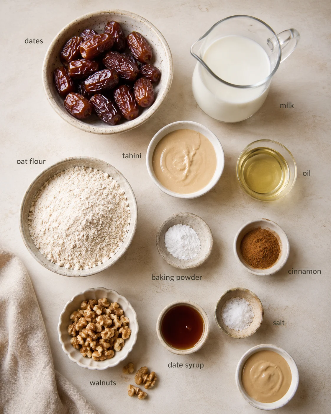 Overhead view of a beige ingredient spread featuring dates, tahini, milk, oat flour, walnuts, date syrup, oil, and spices.