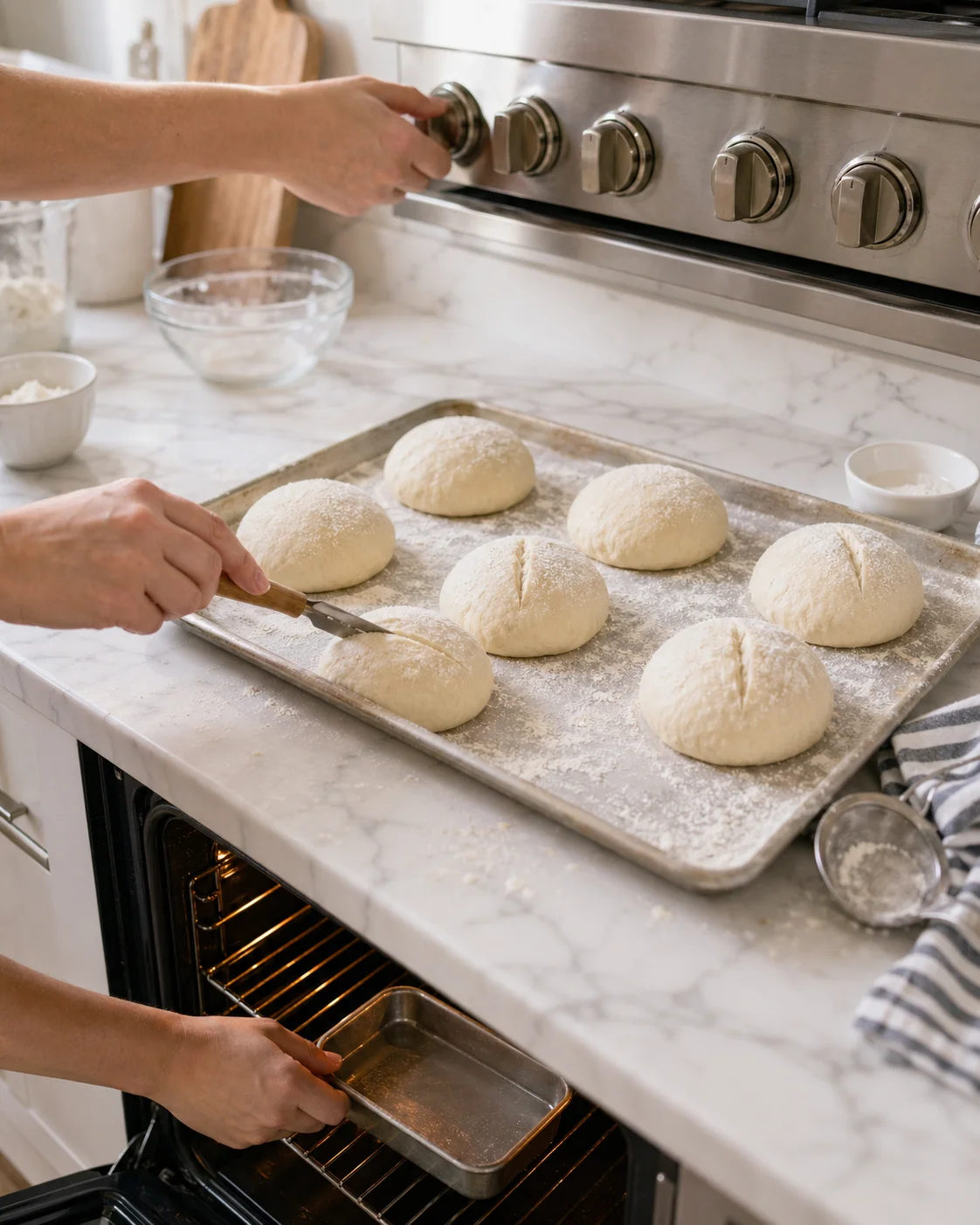 Two hands score dough balls on a flour-dusted baking tray in a bright kitchen.