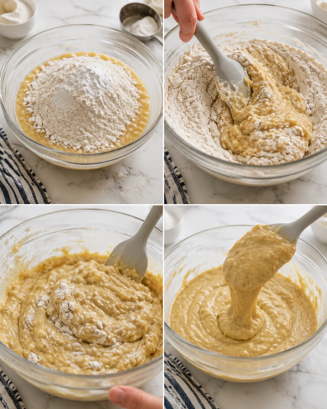 Collage of a glass bowl with flour and batter on a marble counter; hands mix with a spatula.