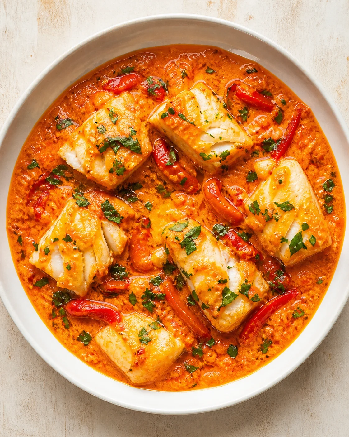 White fish fillets in orange tomato sauce with red peppers and chopped parsley garnish.