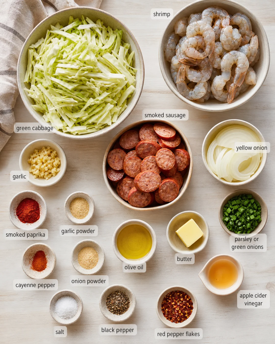 top-down view of bowls with cabbage, shrimp, sausage, onion, garlic, and spices on light wood surface