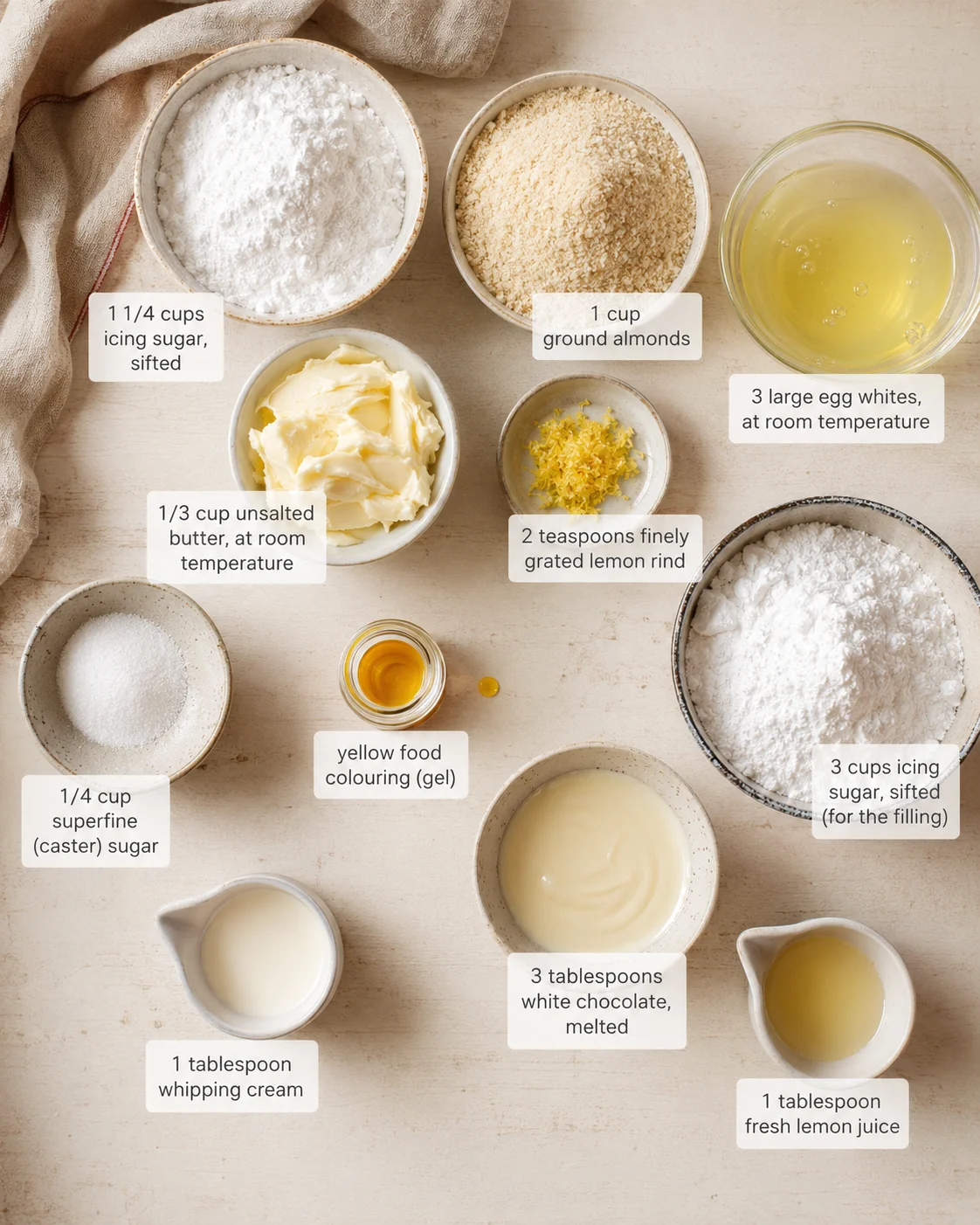 top-down view of a beige wooden table with bowls of ingredients and labeled measurements.