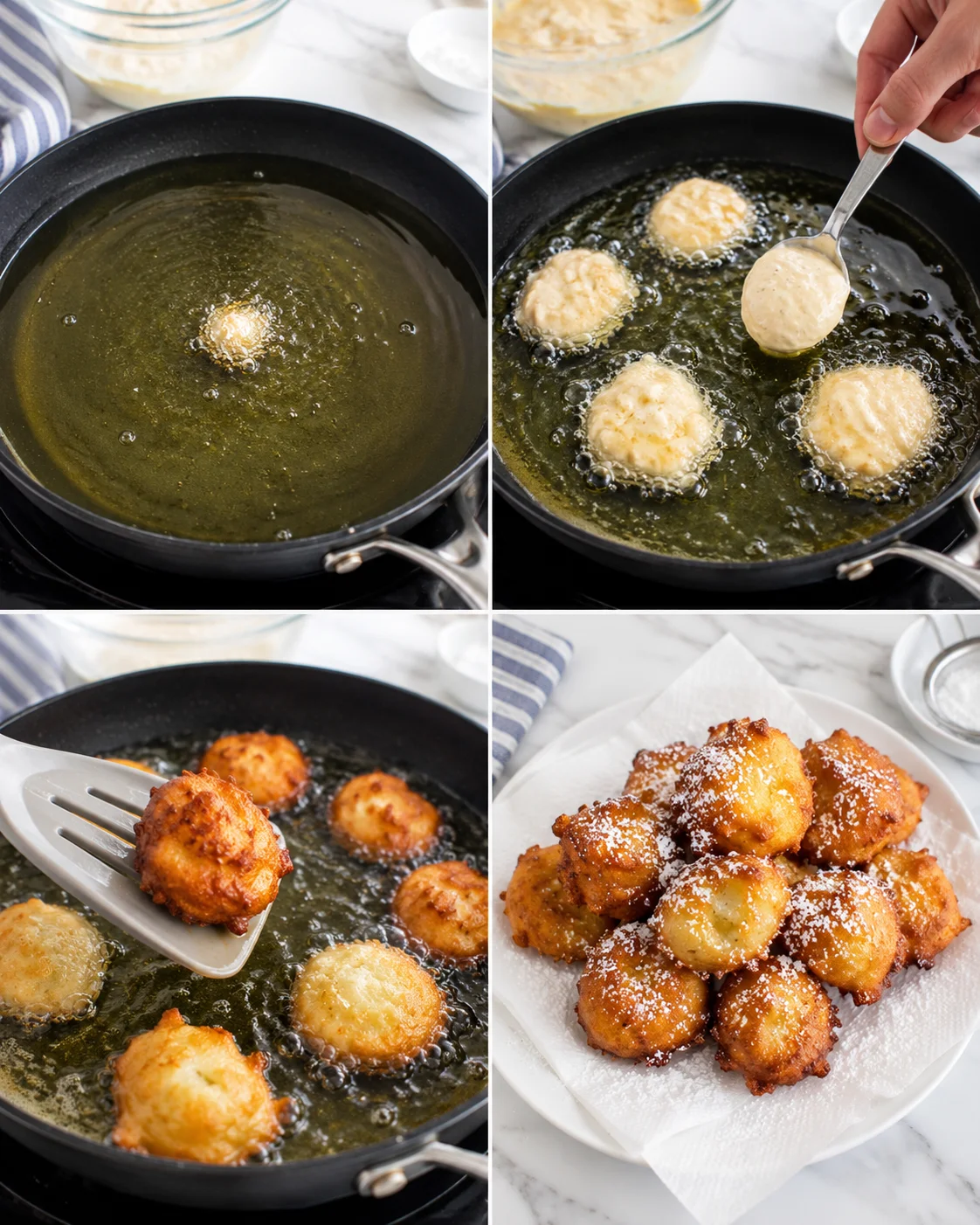 A four-panel collage shows doughnut holes frying, then fried and plated with sugar.
