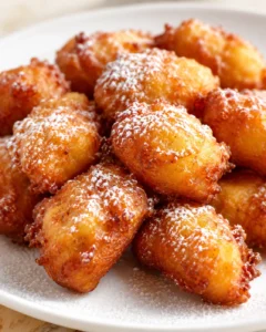 Pile of golden brown fried dough bites dusted with powdered sugar on a white plate.