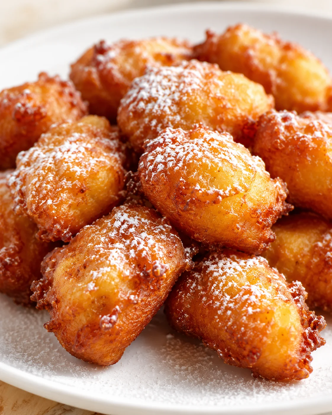 Pile of golden brown fried dough bites dusted with powdered sugar on a white plate.