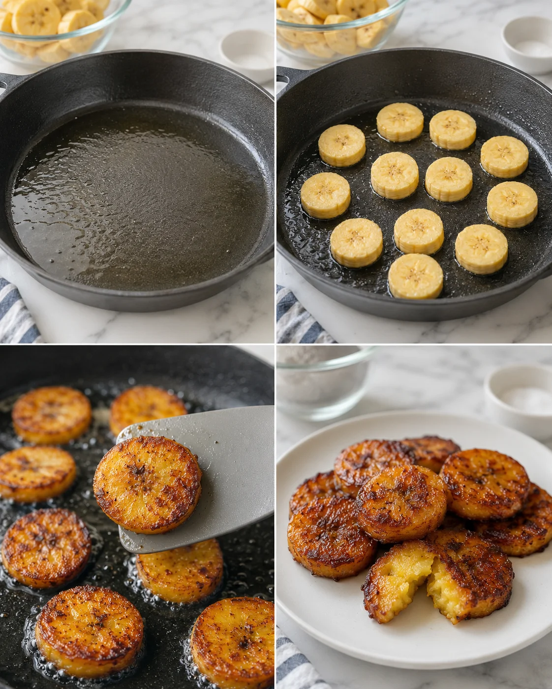 collage of frying plantain slices in a cast-iron skillet to golden-brown maduros