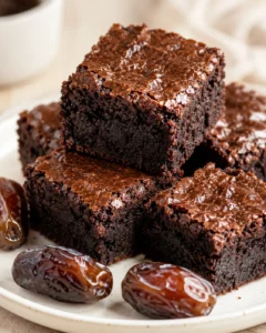 Stacks of fudgy chocolate brownies on a white plate with glossy tops and dates nearby