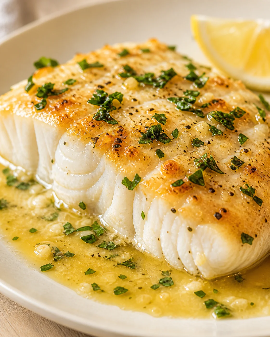 Plated cod fillet with golden garlic butter, parsley, and a lemon wedge in the background.