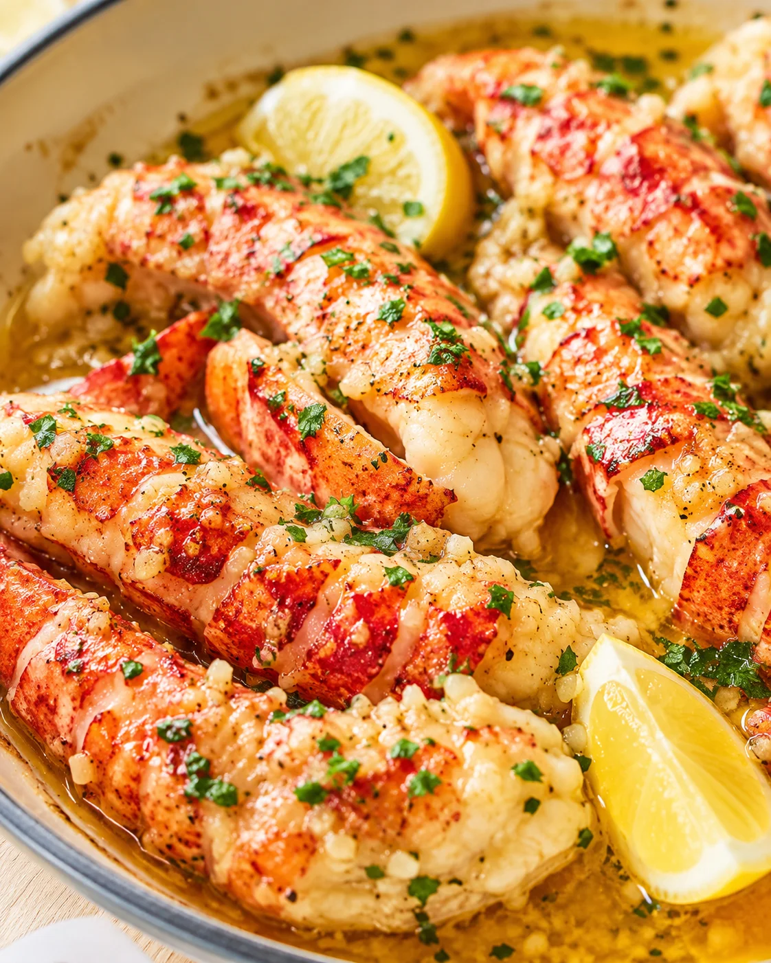 Lobster tails bathed in garlic butter with lemon wedges in a pan.