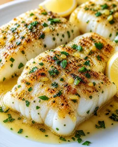 three seared white fish fillets with garlic parsley butter and lemon wedges on a white plate
