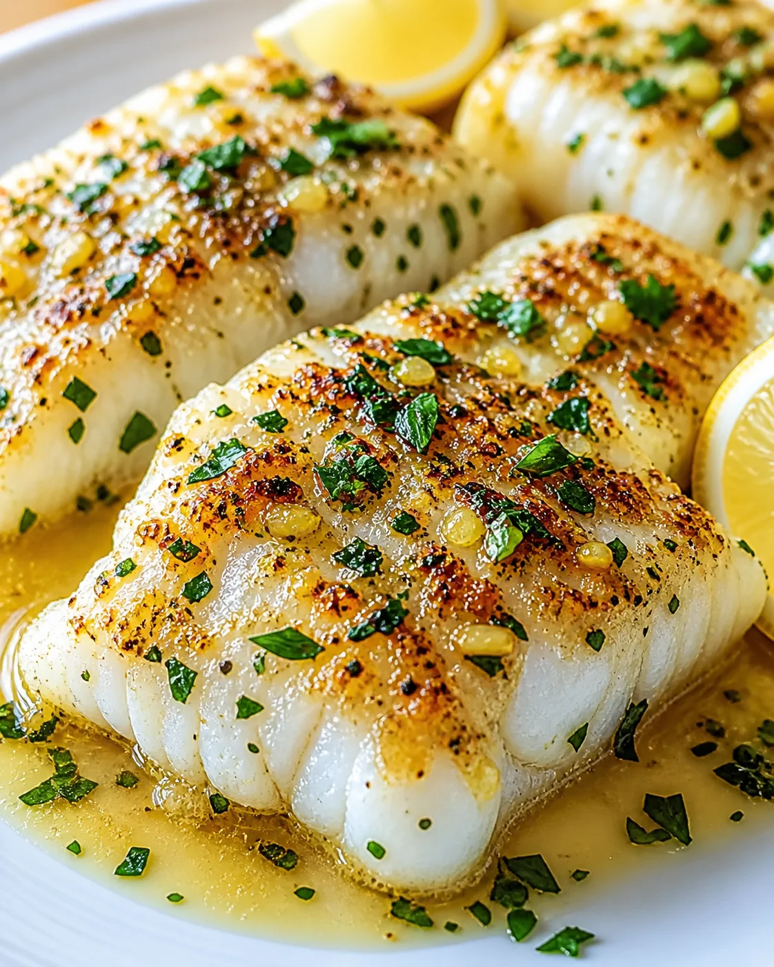 three seared white fish fillets with garlic parsley butter and lemon wedges on a white plate