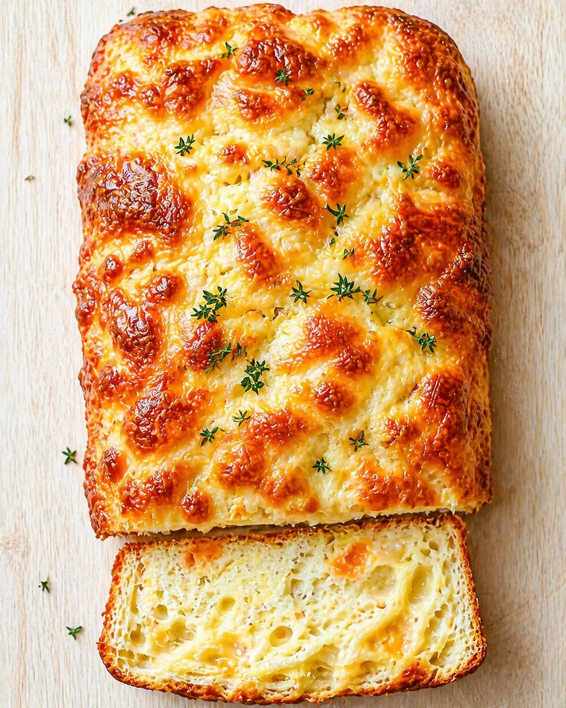 top-down view of a golden-brown cheesy garlic bread loaf with thyme, sliced to show fluffy interior