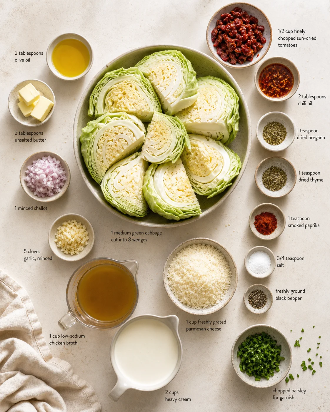 Overhead view of cabbage wedges centered in a bowl with labeled ingredient bowls around.