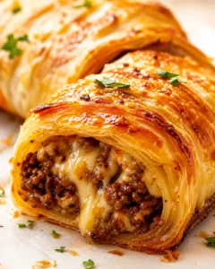 Golden puff pastry-wrapped beef and melted cheese roll sliced to reveal cheesy filling.