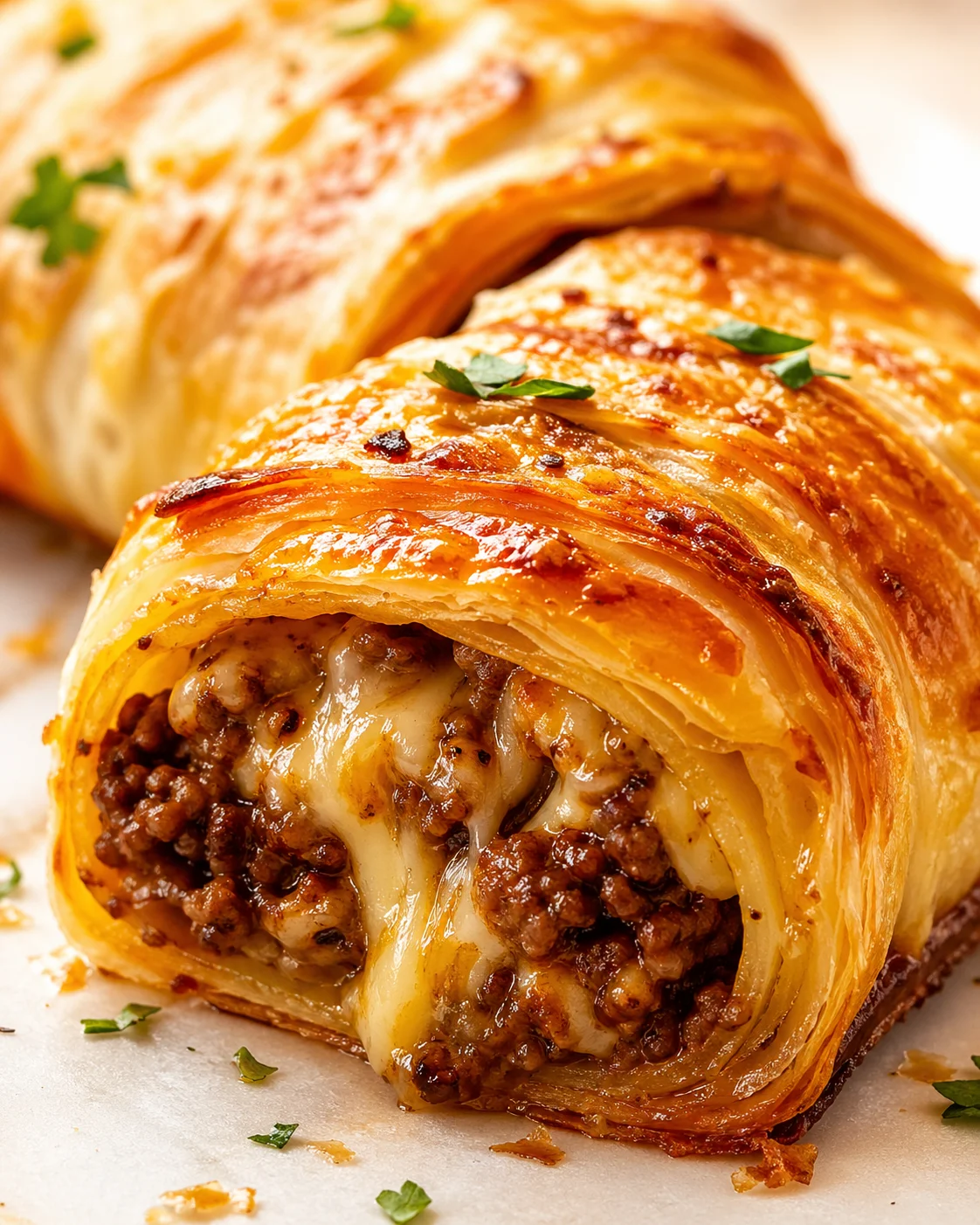 Golden puff pastry-wrapped beef and melted cheese roll sliced to reveal cheesy filling.