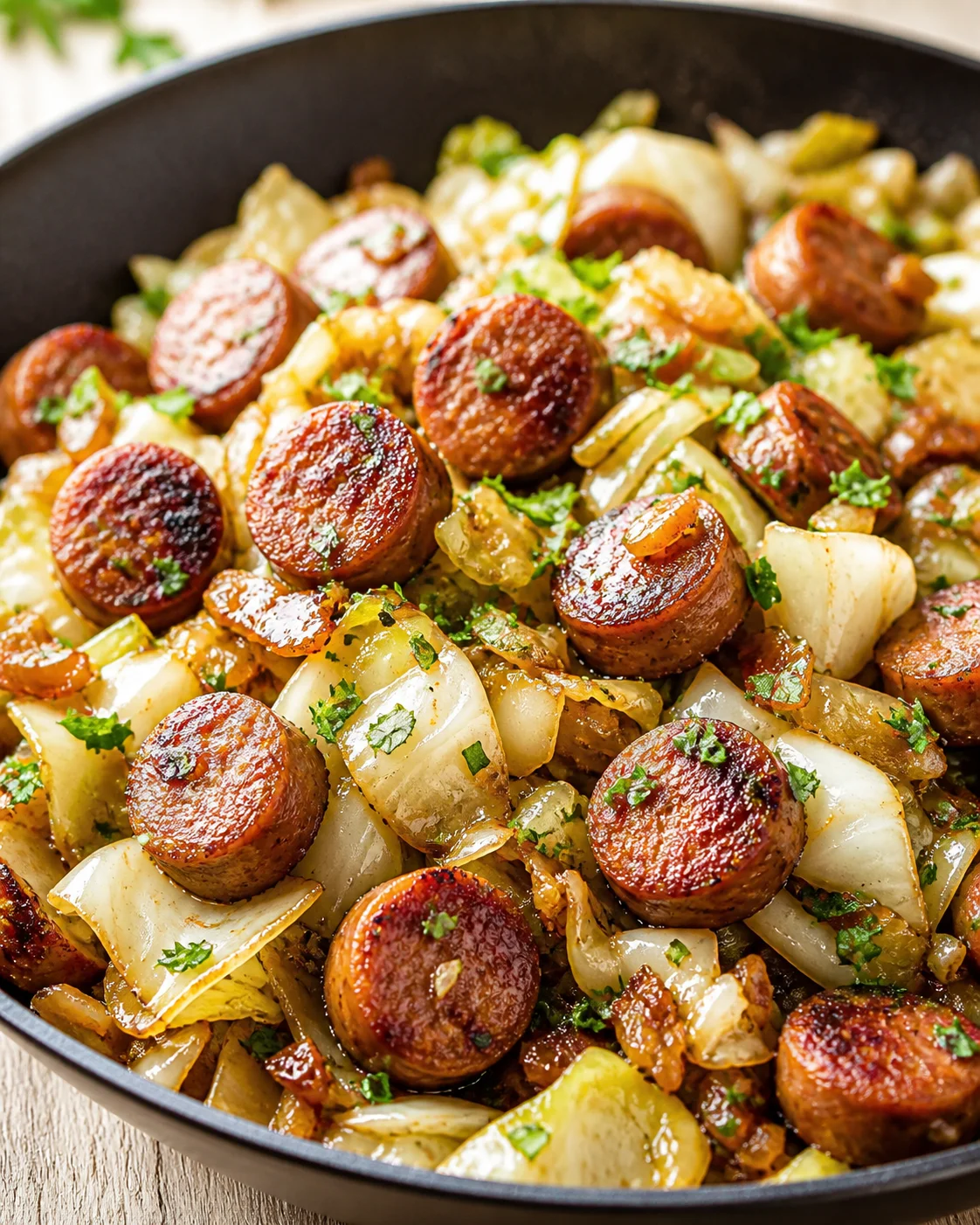 Close-up of browned sausage slices with caramelized onions and sautéed cabbage in a skillet