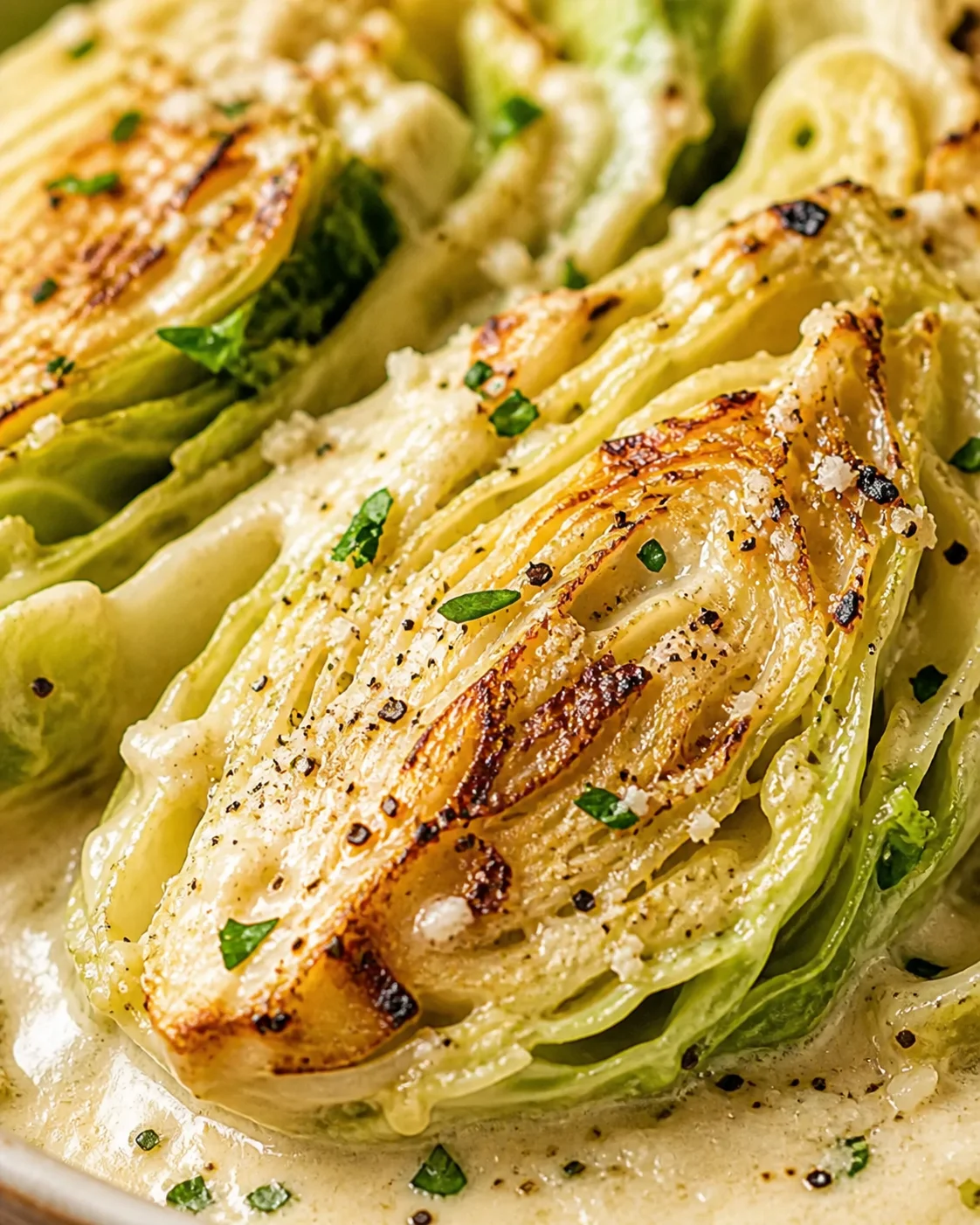 Close-up of golden-brown roasted cabbage wedges with herbs and creamy sauce