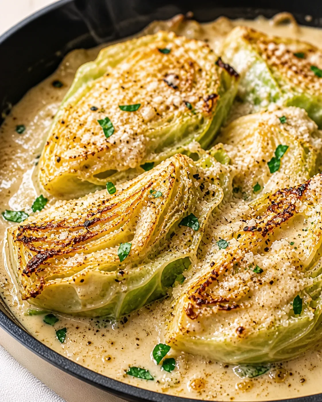 roasted cabbage wedges in a creamy sauce, sprinkled with parsley, in a cast-iron skillet