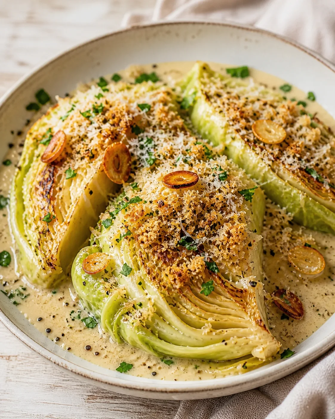 Roasted romaine lettuce halves topped with crispy breadcrumbs and parmesan in a creamy sauce.