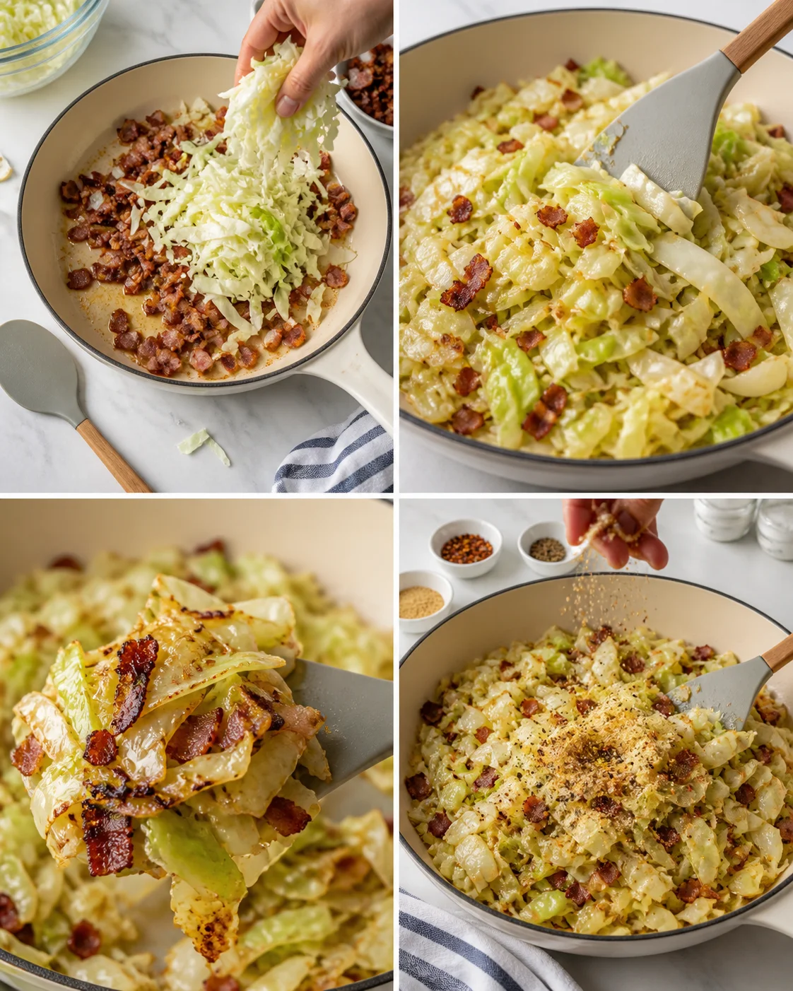 Collage showing a skillet with sautéed cabbage and bacon: adding cabbage, stirring, and finishing with seasoning.