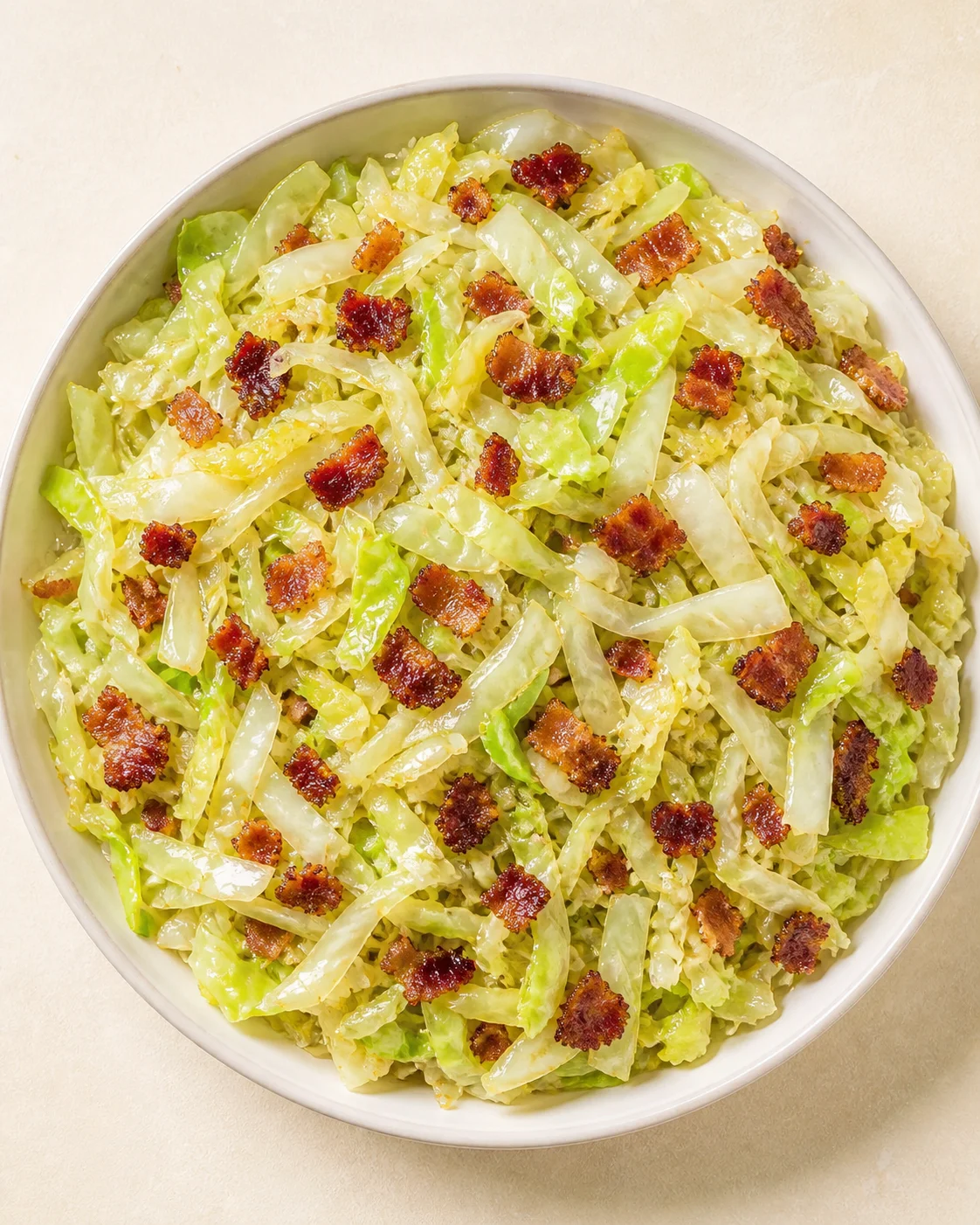 bowl of creamy coleslaw with shredded green cabbage and crispy bacon bits
