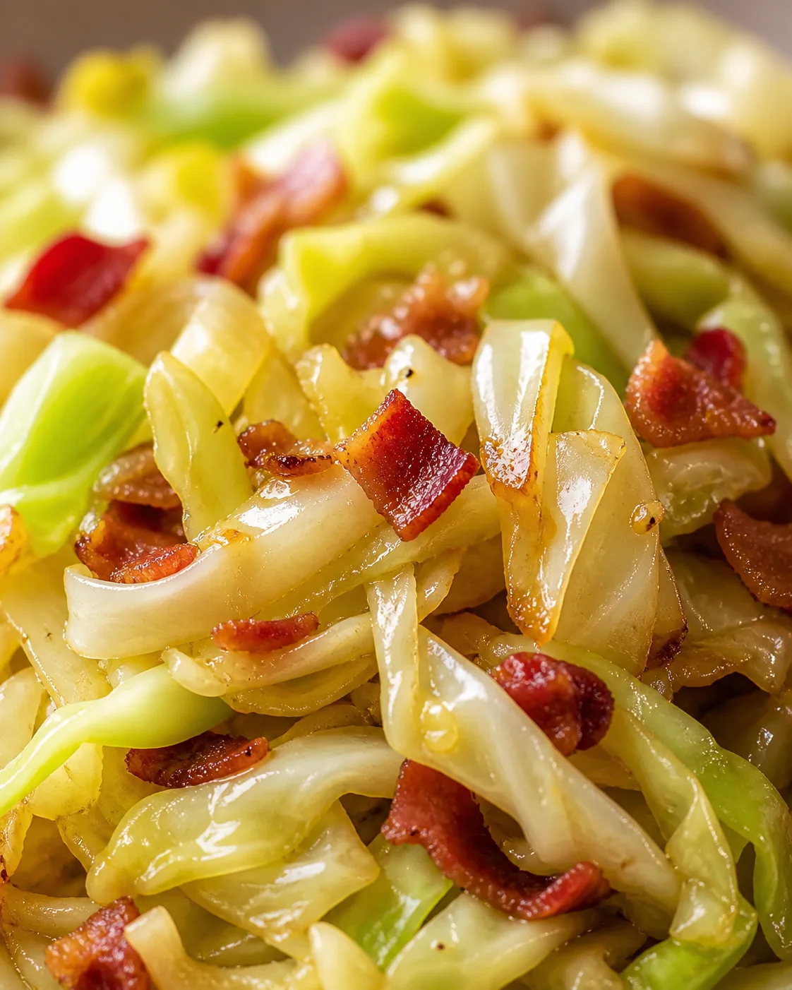 Close-up of sautéed cabbage ribbons with crispy bacon bits, glossy and golden, in a warm skillet.