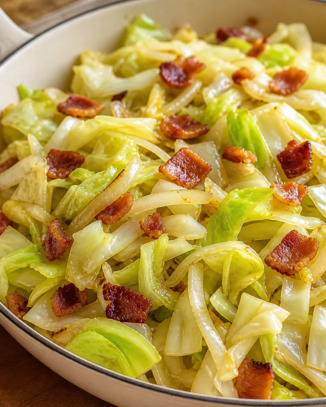 Sautéed cabbage with onions and bacon in a skillet, glossy and golden