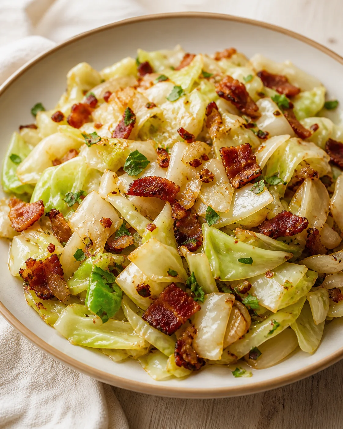 Cream-colored bowl of pan-fried cabbage with crispy bacon and parsley on a wooden table