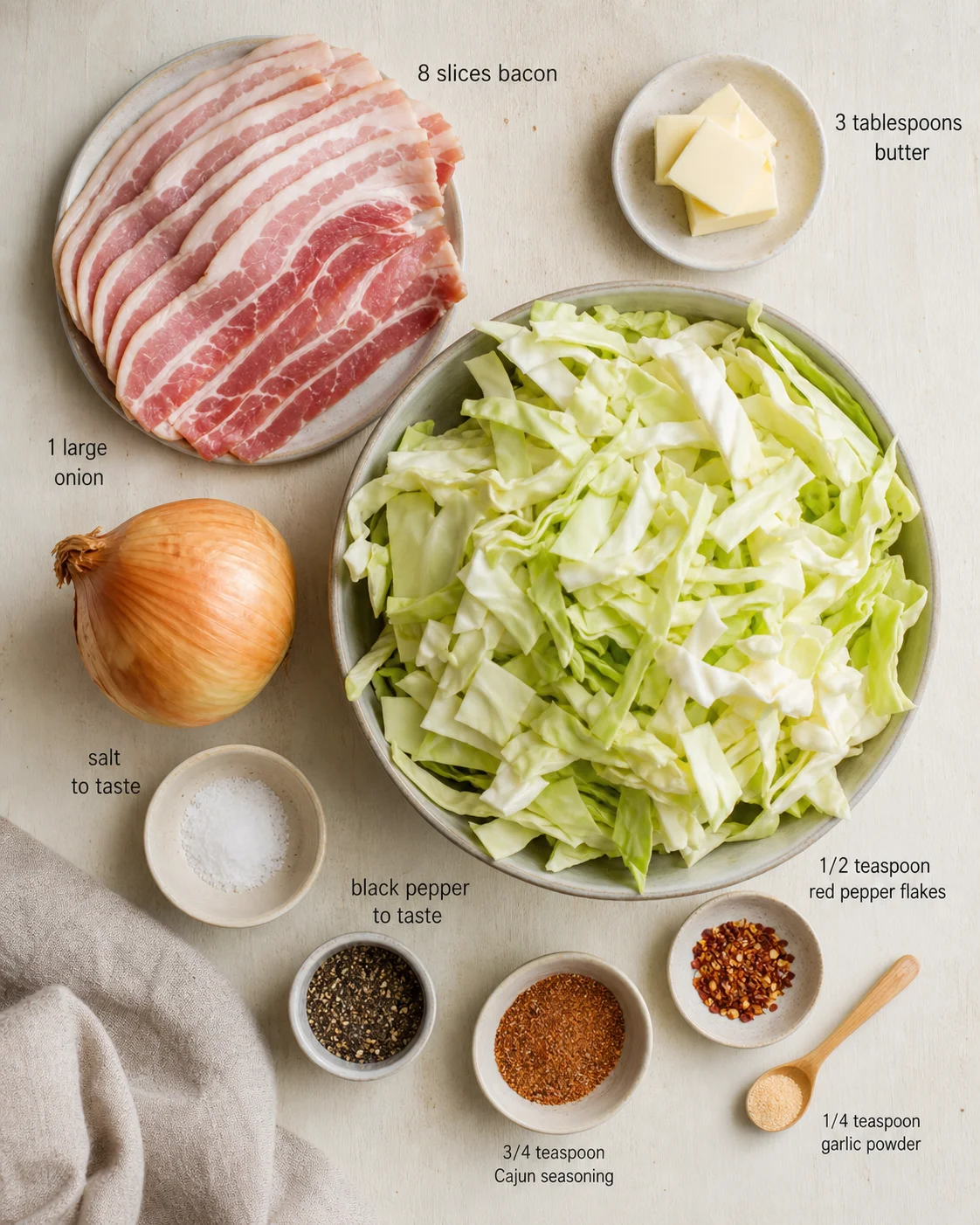 Flat lay of bacon slices, shredded cabbage, onion, butter, and seasonings on a light background.