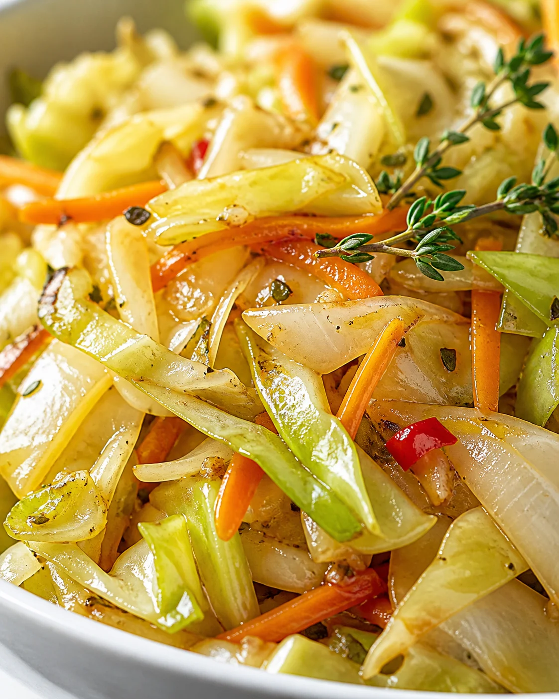 close-up of glossy sautéed vegetables including onions, bell peppers, carrots, and thyme in a white dish