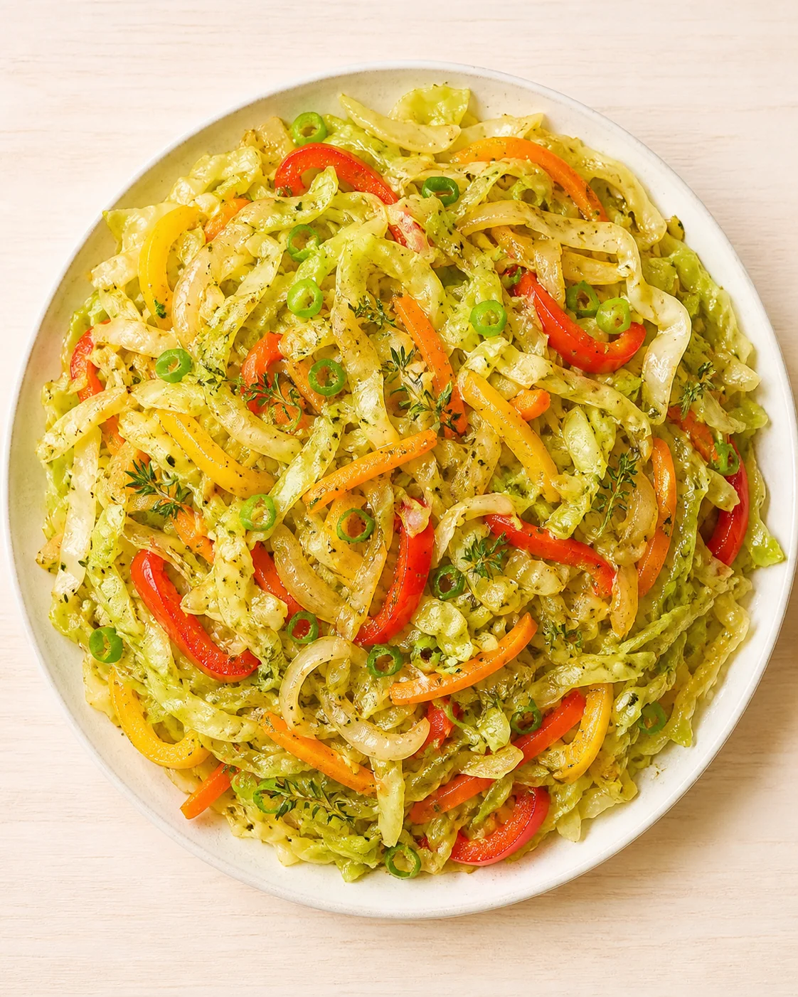 A large white bowl of colorful sauteed cabbage with red and yellow peppers on a light wooden surface.