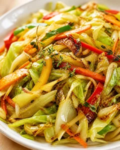 Colorful roasted vegetables—carrots, peppers, onions, and cabbage—glossy with olive oil, garnished with thyme.