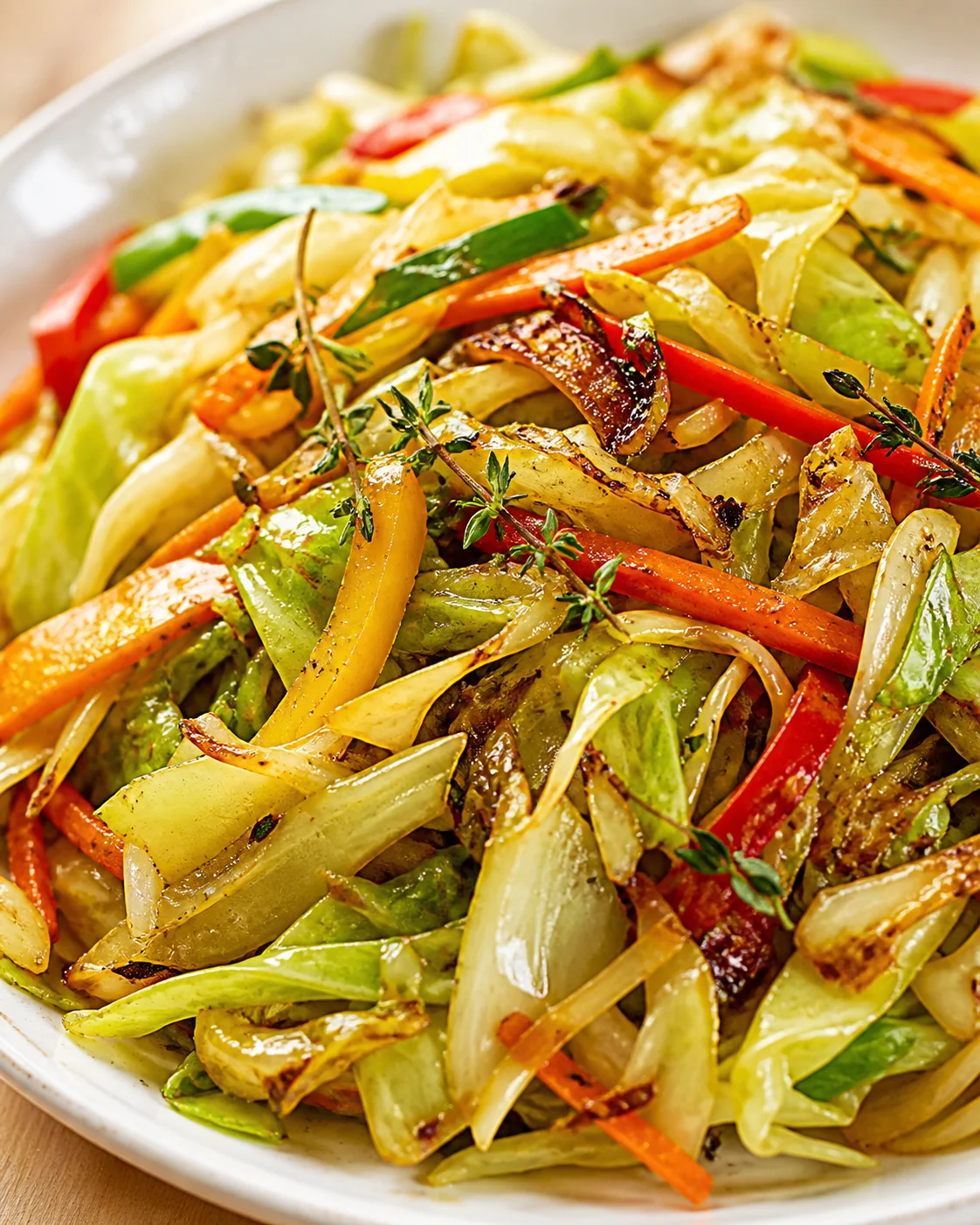 Colorful roasted vegetables—carrots, peppers, onions, and cabbage—glossy with olive oil, garnished with thyme.