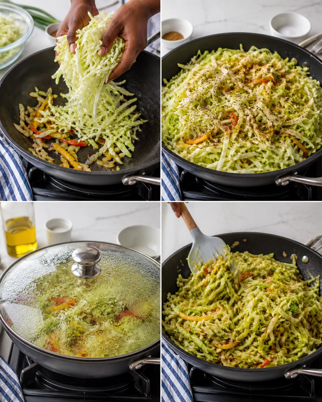 Four-panel collage of hands adding cabbage to a skillet with peppers, cooking and stirring.