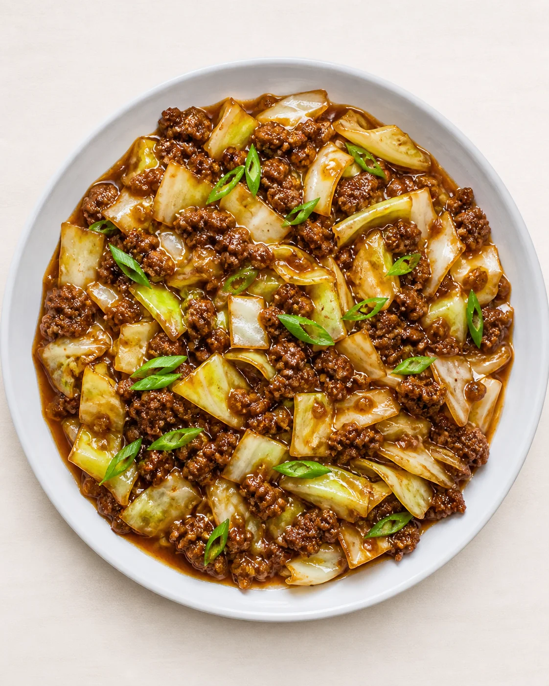 white plate of braised pork and napa cabbage in brown sauce, garnished with green onions