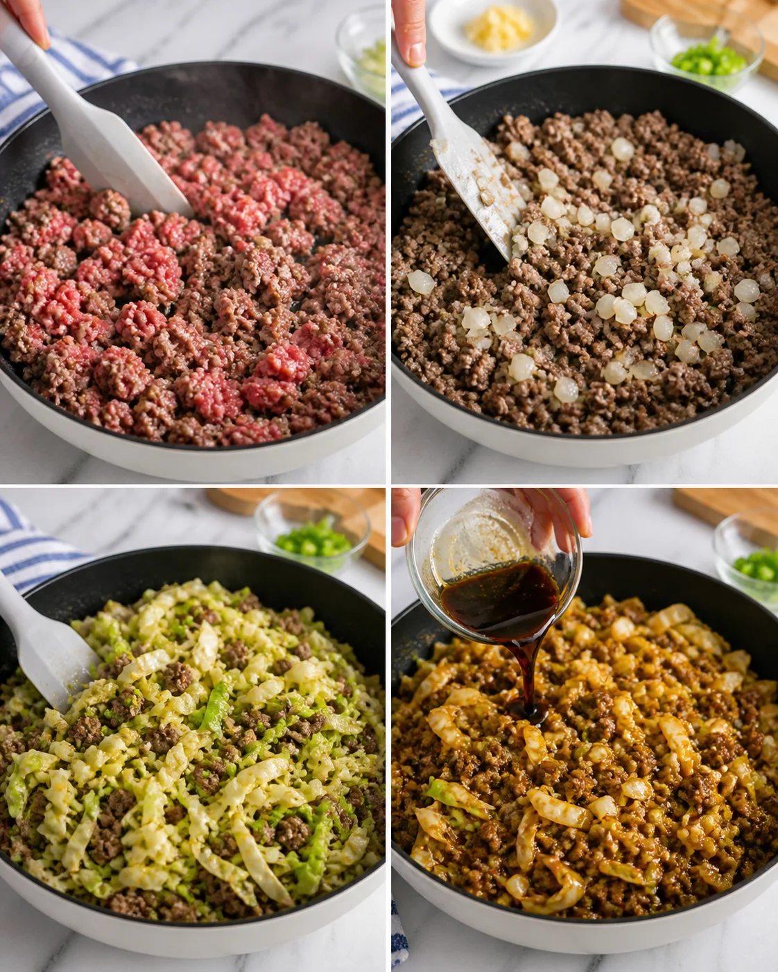 collage of four skillet shots showing browning beef, onions and cabbage being mixed, and sauce being poured
