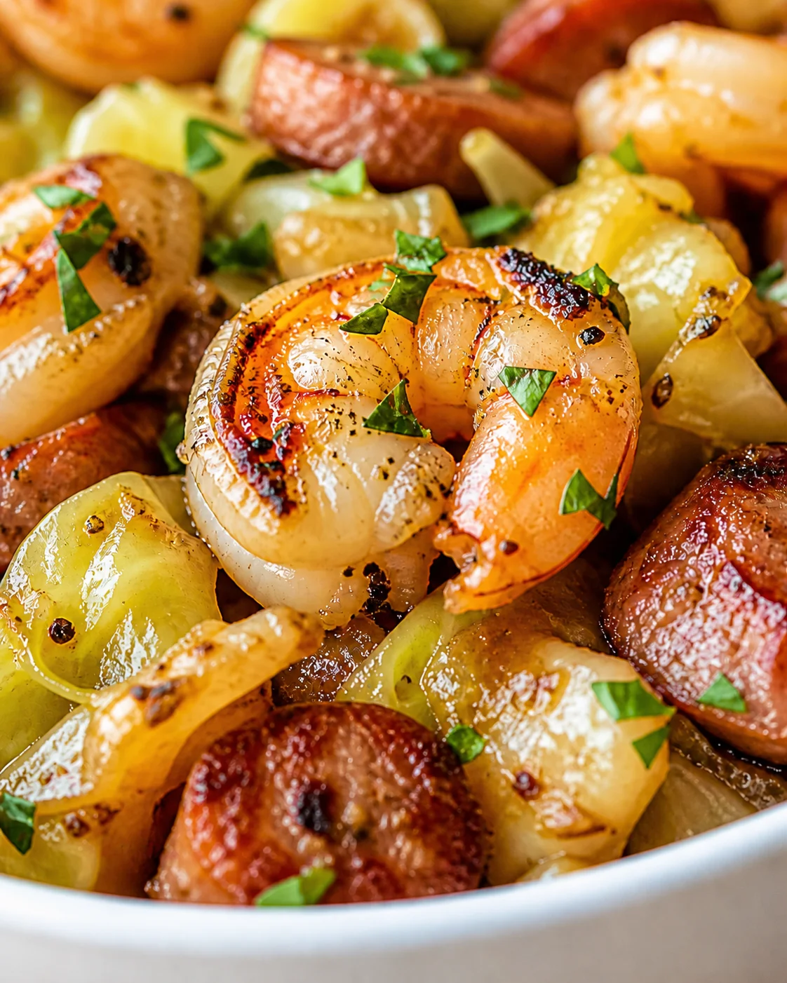 Close-up of roasted shrimp with potatoes and chopped parsley, glossy and browned in a skillet.