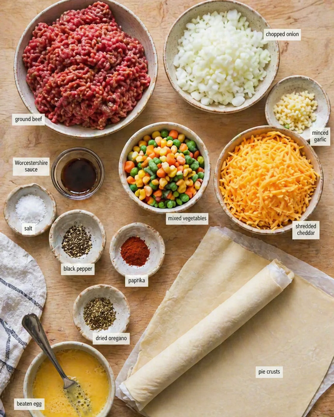 Top-down view of ingredients for beef pie: ground beef, chopped onions, mixed vegetables, shredded cheddar, pie crusts, and spices.