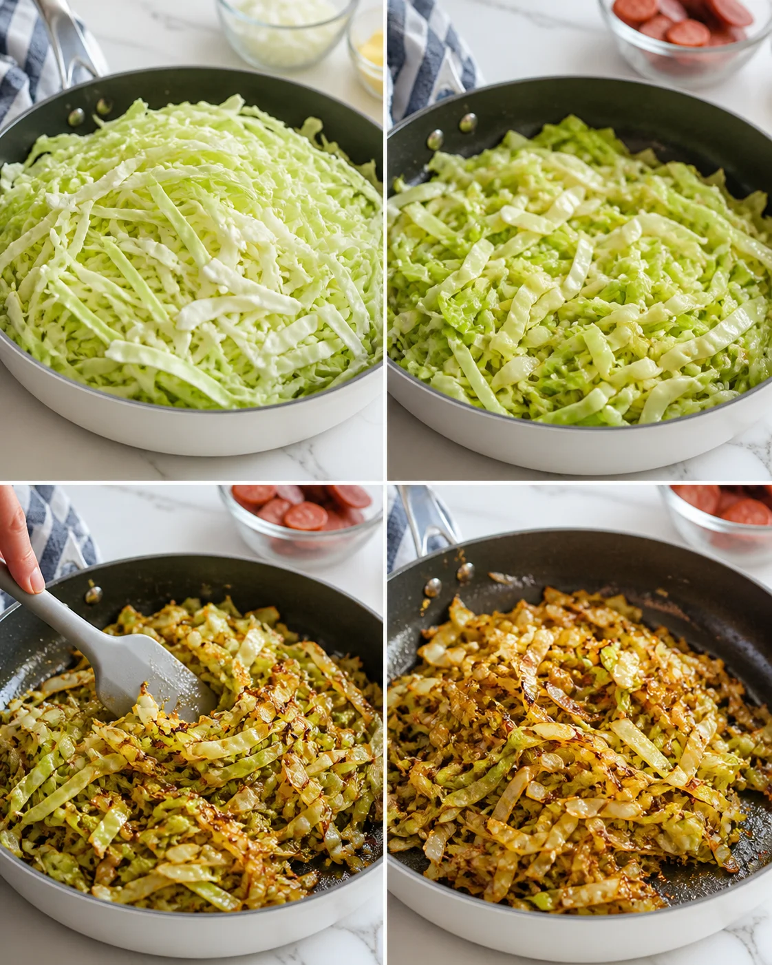 Collage showing shredded cabbage in a skillet transforming from raw to caramelized.