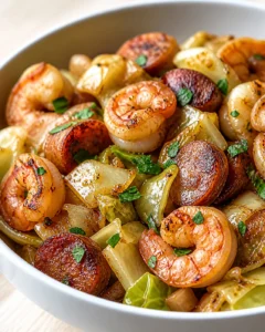 Plump shrimp and golden potatoes with onions and parsley in a white bowl.