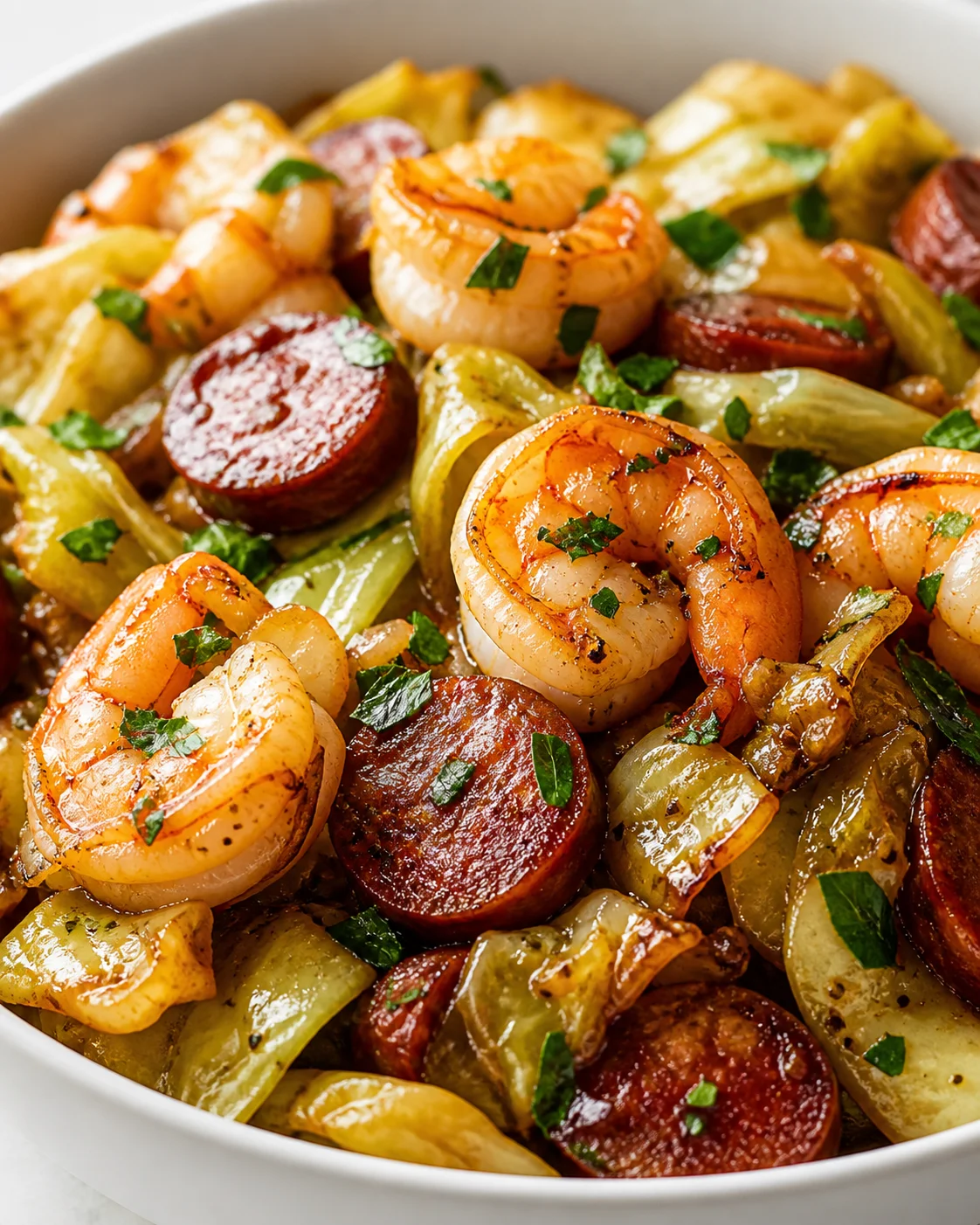 Close-up of shrimp, sausage, and potatoes roasted with parsley in a white pan.