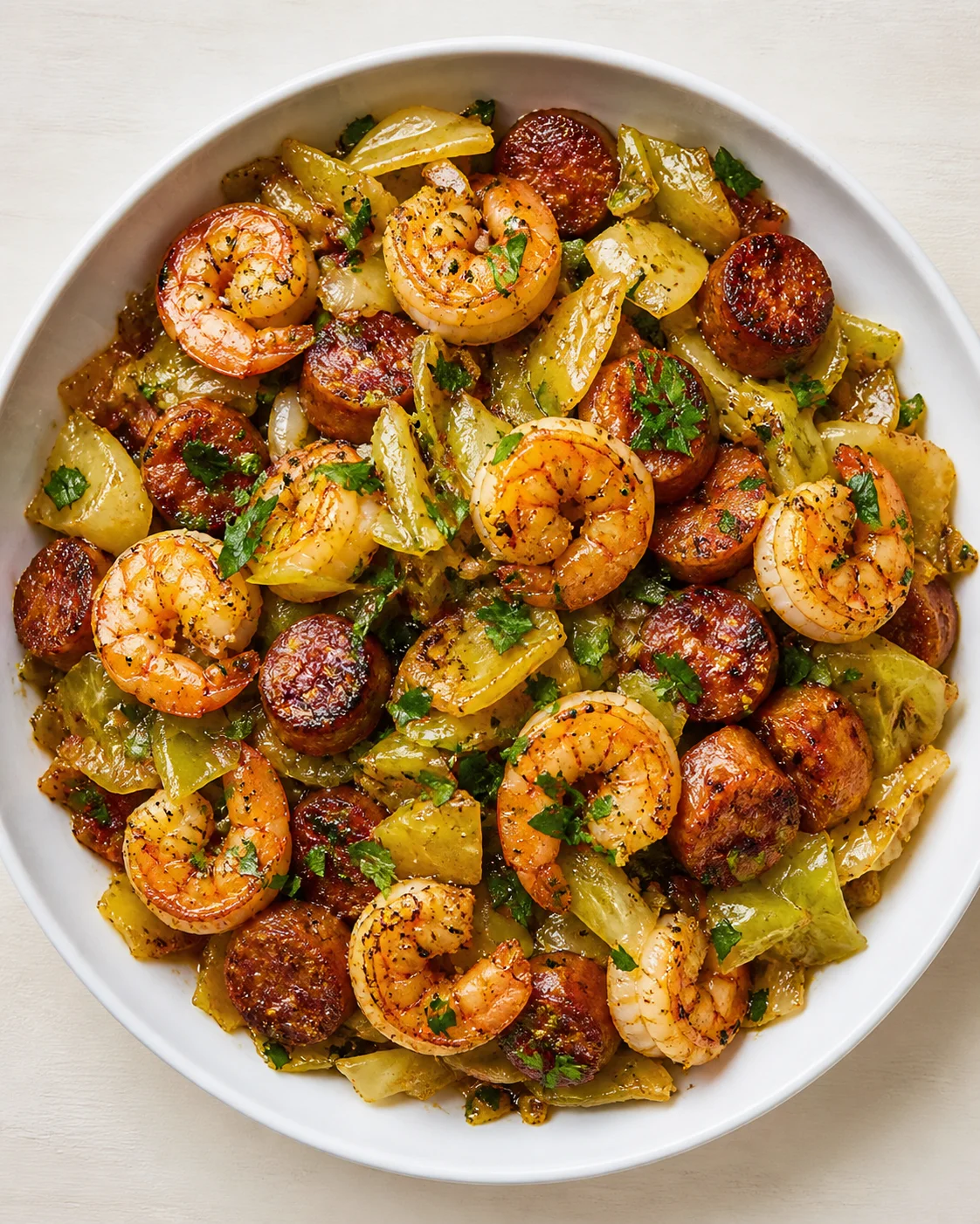 bowl of shrimp, sausage slices, potato chunks and parsley in a white serving dish