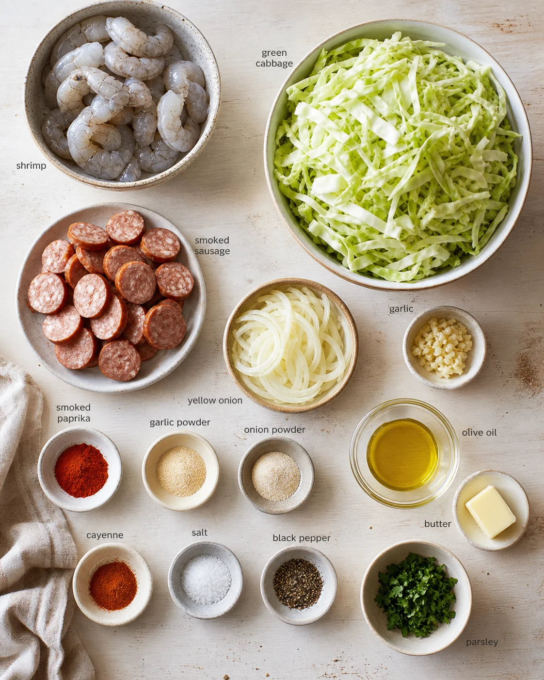 Overhead view of bowls with shrimp, sausage, cabbage, onions, garlic, and spices on a light wood background.