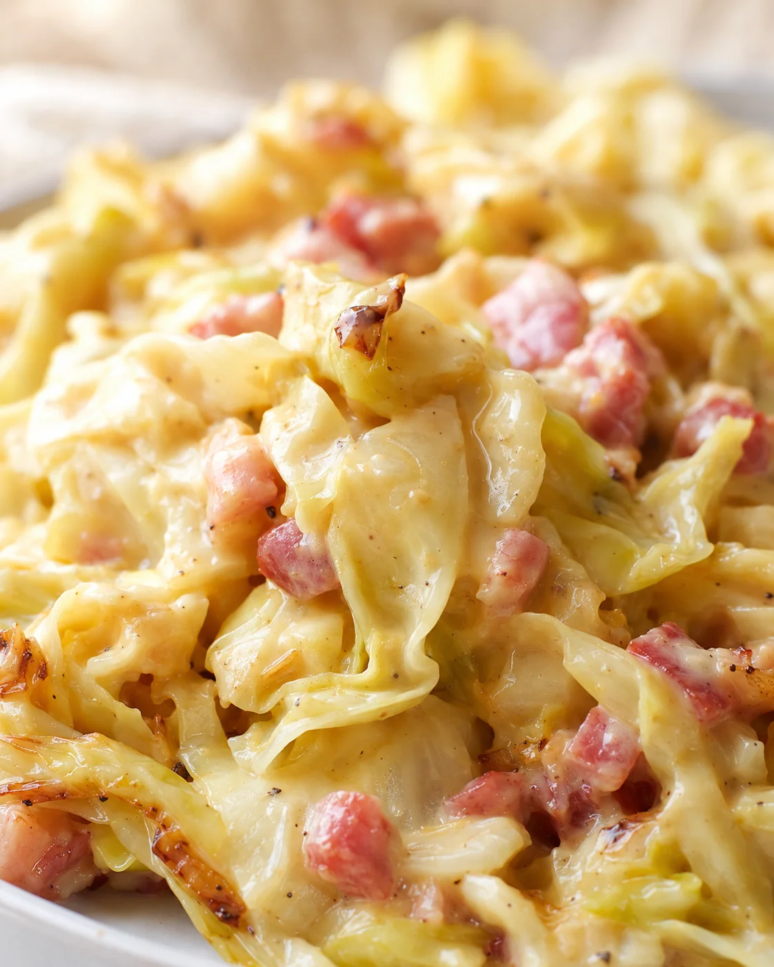close-up of creamy cheese sauce with cabbage and diced ham, golden-edged