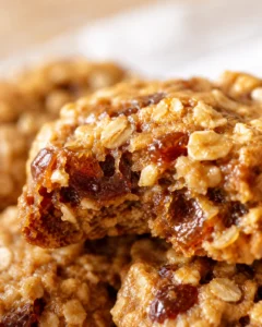 close-up of a chewy oat bar with raisins and chopped nuts