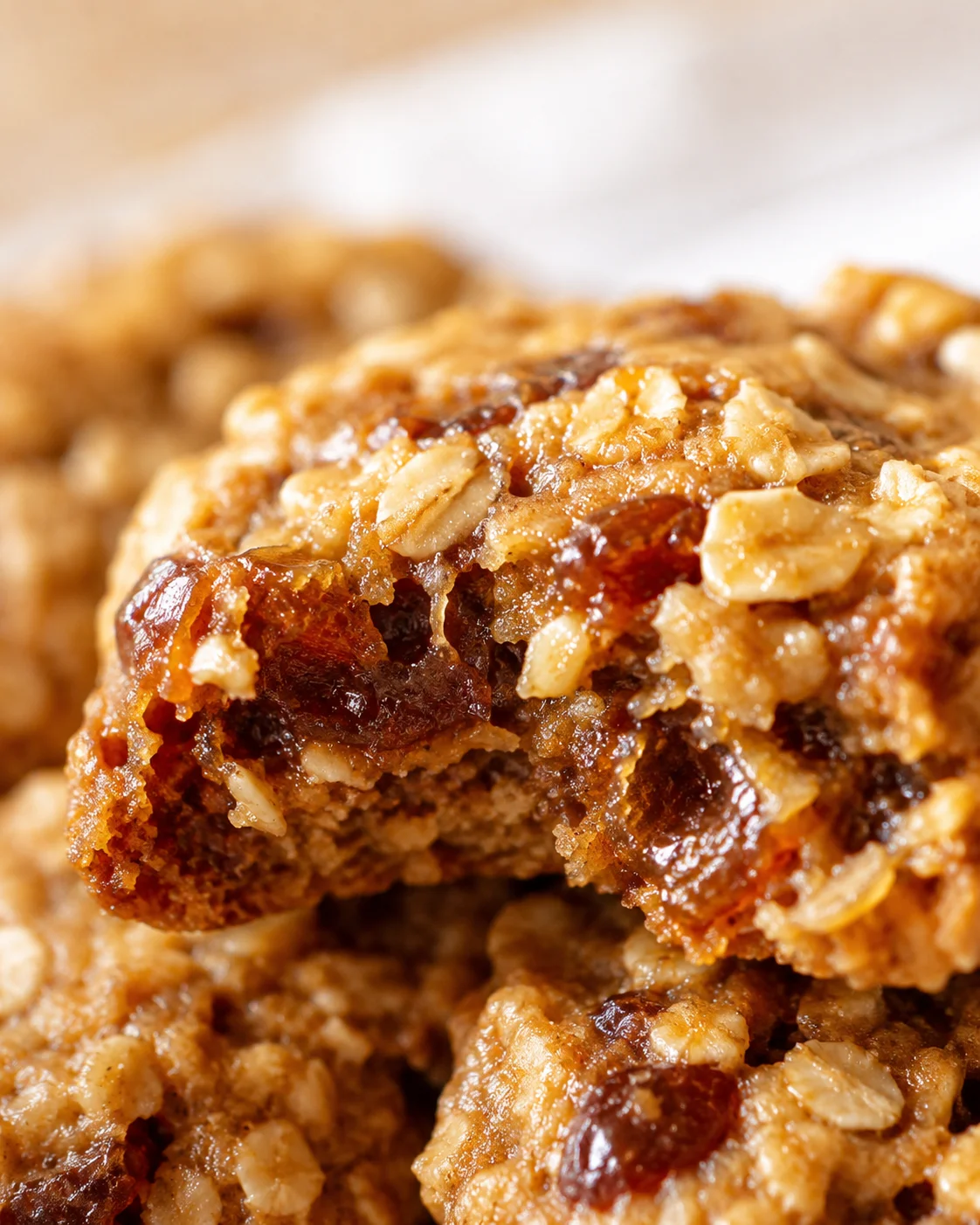 close-up of a chewy oat bar with raisins and chopped nuts