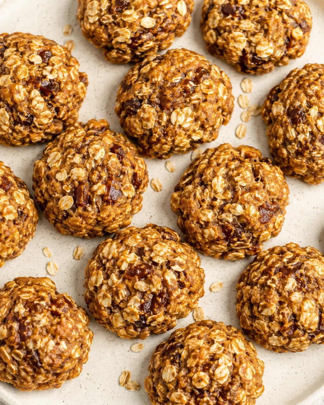 Close-up of golden oat-energy bites studded with oats and chocolate on a speckled plate